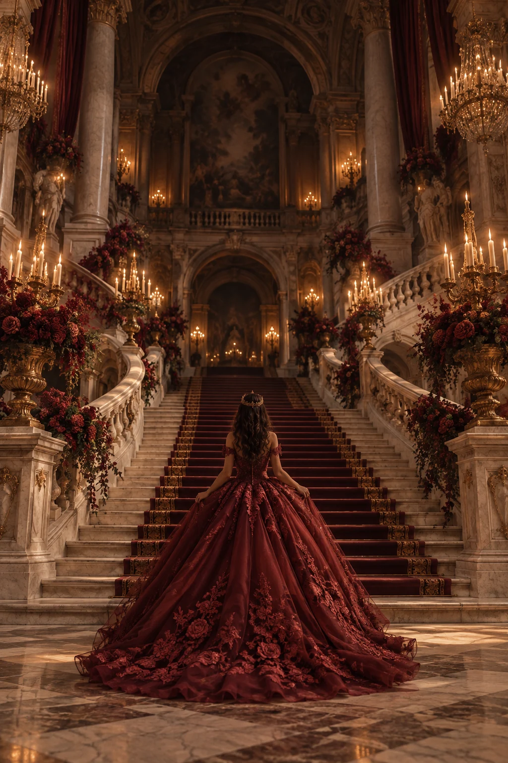 Isabella, de espaldas con vestido rojo quemado, ante la gran escalinata del palacio.
