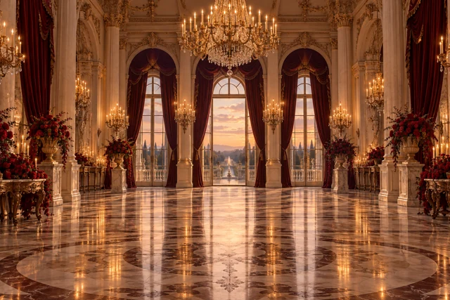Gran salón con candelabros y piso de mármol.