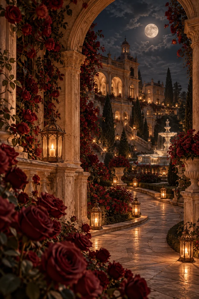 Jardín de rosas nocturno con senderos iluminados.