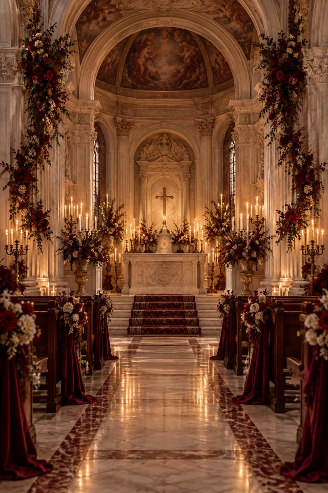 Capilla palaciega con velas, arreglos florales y arcos de piedra.