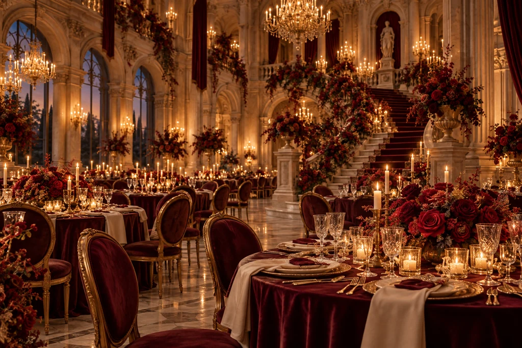 Recepción imperial decorada con rosas y mantelería rojo quemado.