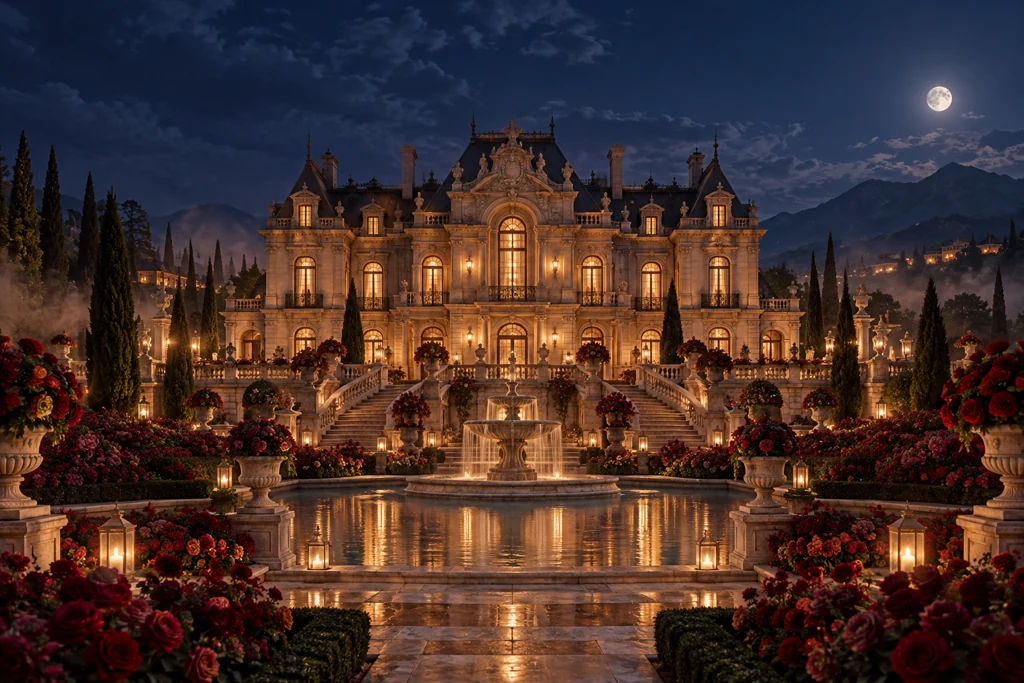 Palacio iluminado al caer la noche, rodeado de jardines.